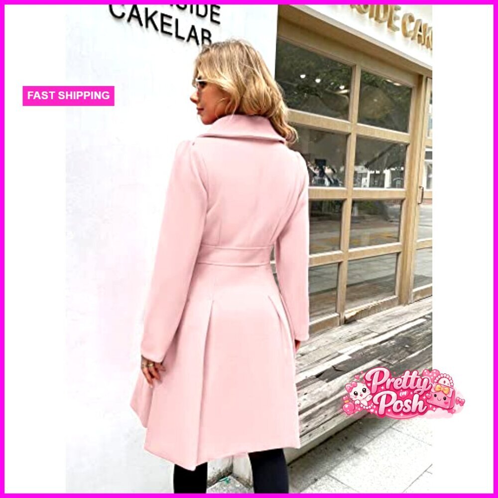 Polyester Blend Trench Coat Notch Lapel Double Breasted A-Line - Picture 5 of 7